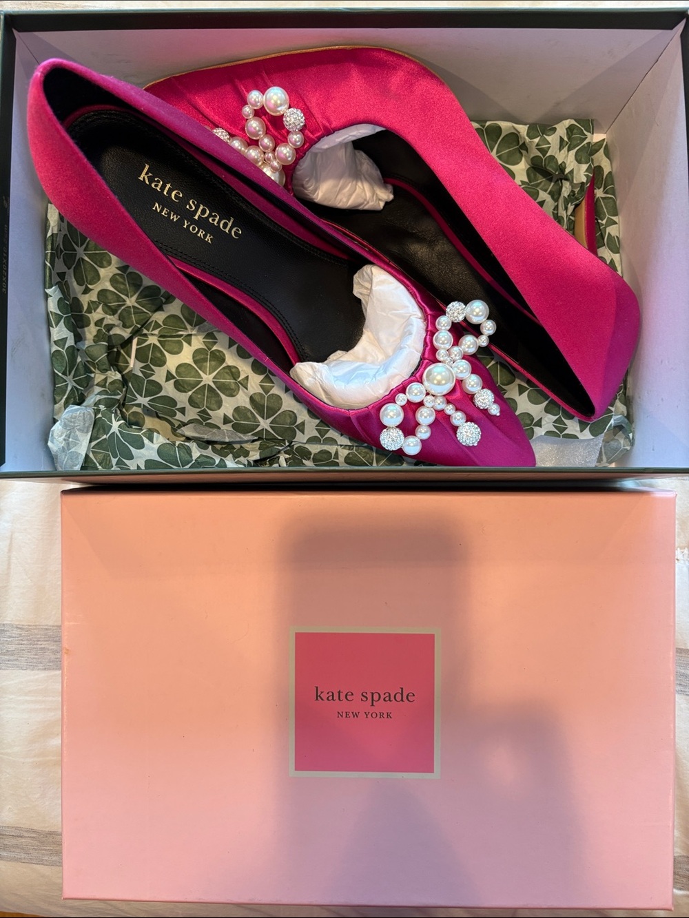 kate spade Elodie Pink Satin Heels with Pearl & Crystal Bows - Picture 3 of 7